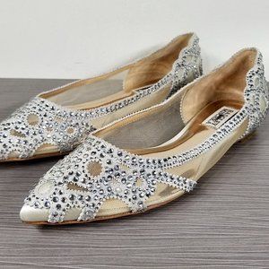 Badgley Mischka Gigi Crystal Pointy Toe Flat, Ivory Satin, Womens Size 7